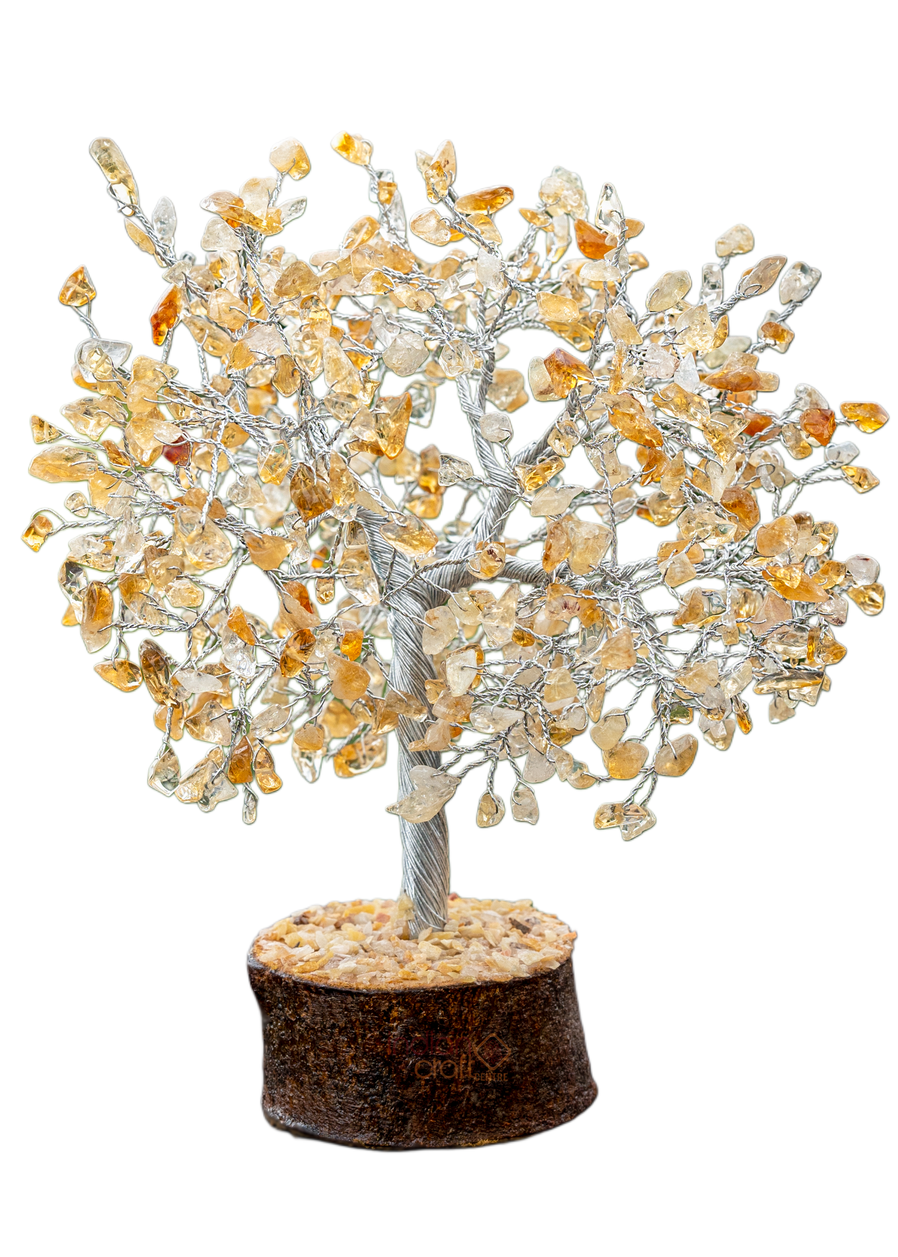 Citrine Gemstone Tree with Silver Wire on Wooden Base