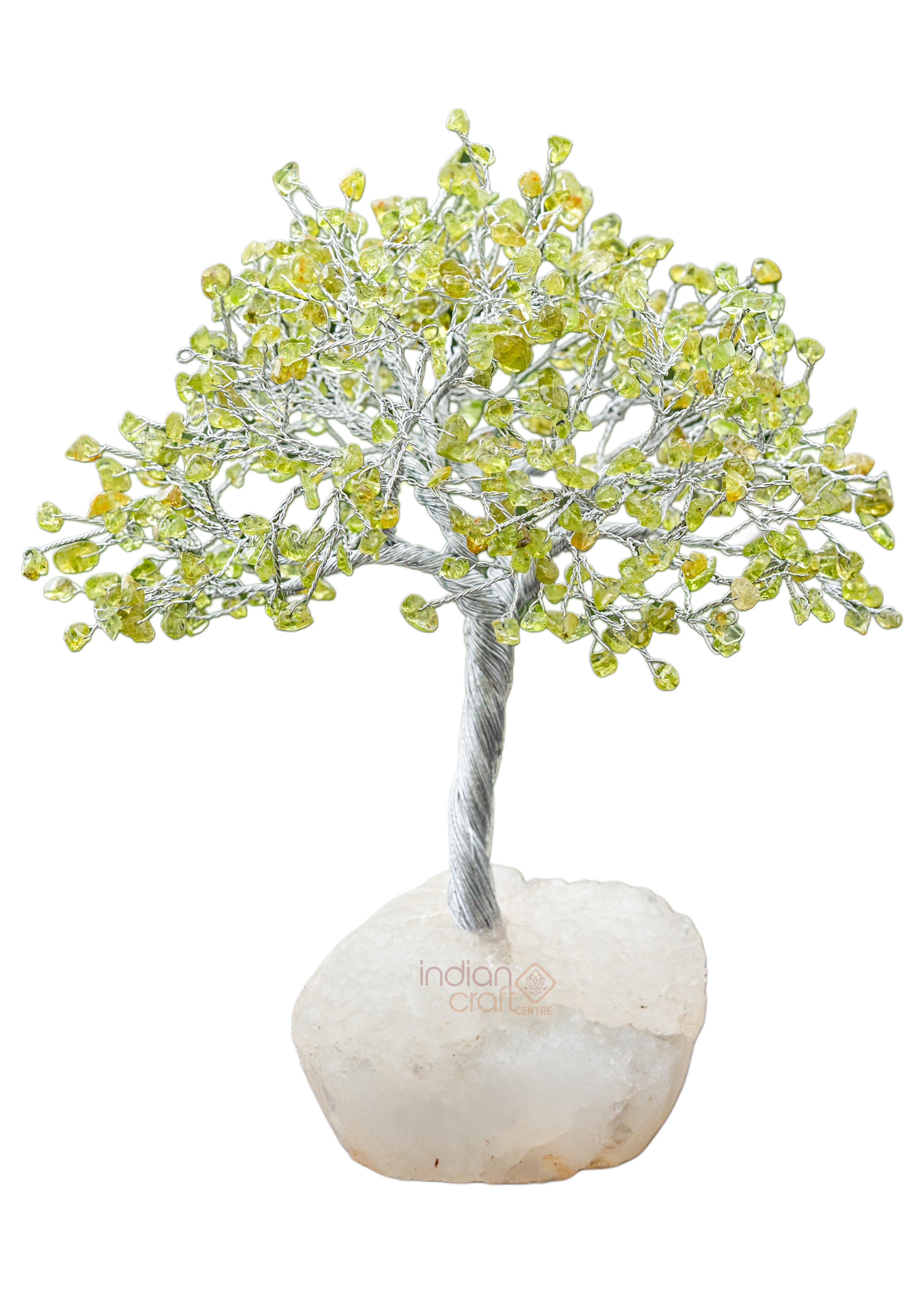 Peridot Gemstone Tree with Silver Wire on White Quartz Base