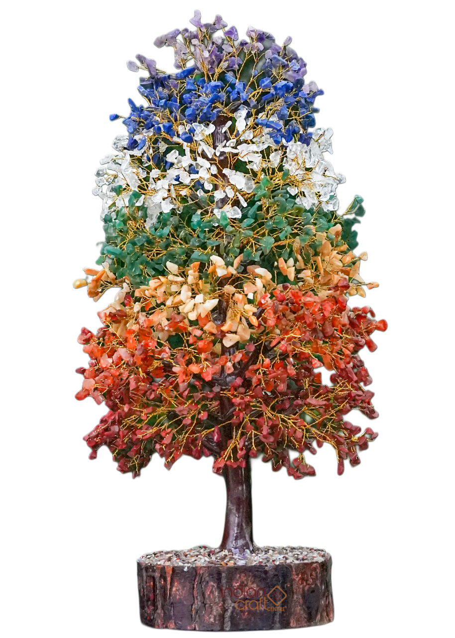 Large 7 Chakra Gemstone Tree on Wooden Base
