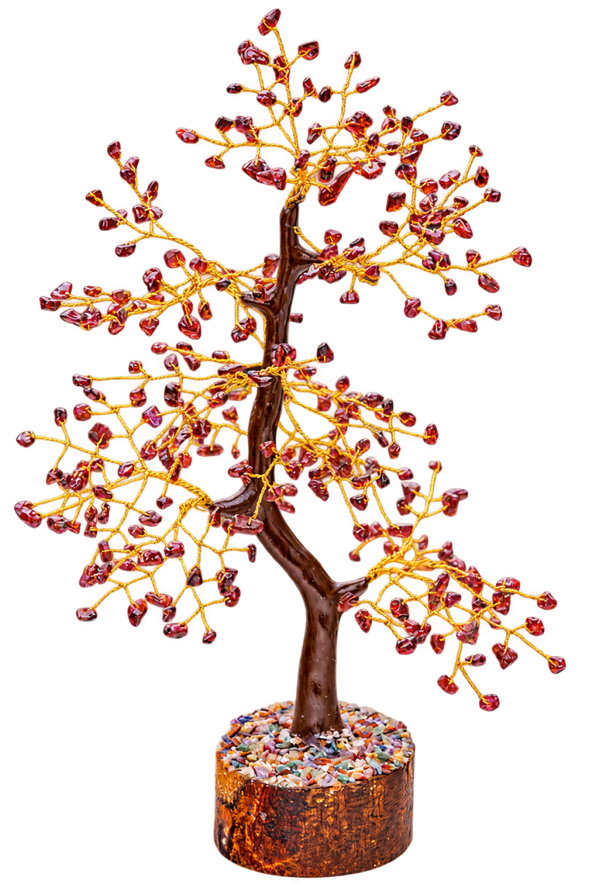 Red Garnet Gemstone Bonsai Tree on Wooden Base