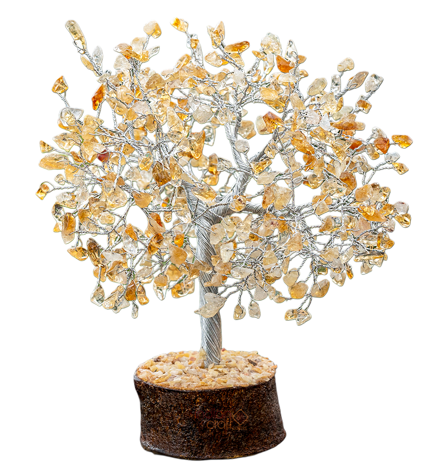 Citrine Gemstone Tree with Silver Wire on Wooden Base