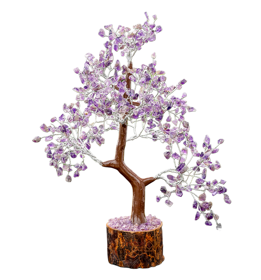 Amethyst Crystal Gemstone Tree on Wooden Base