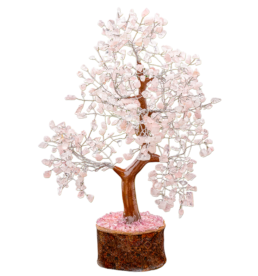 Rose Quartz Crystal Gemstone Tree on Wooden Base