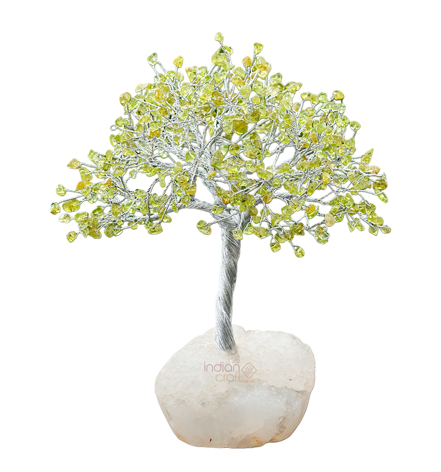 Peridot Gemstone Tree with Silver Wire on White Quartz Base