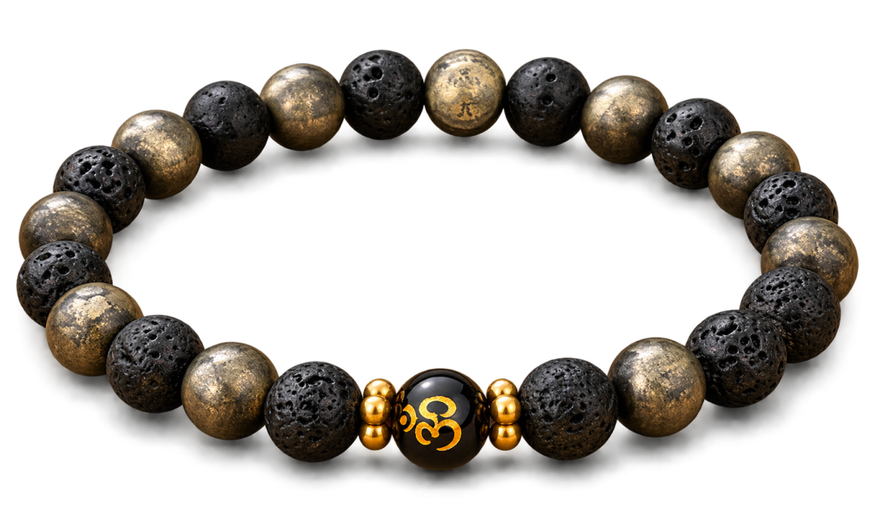 Lava Stone & Pyrite Om Energy Bracelet