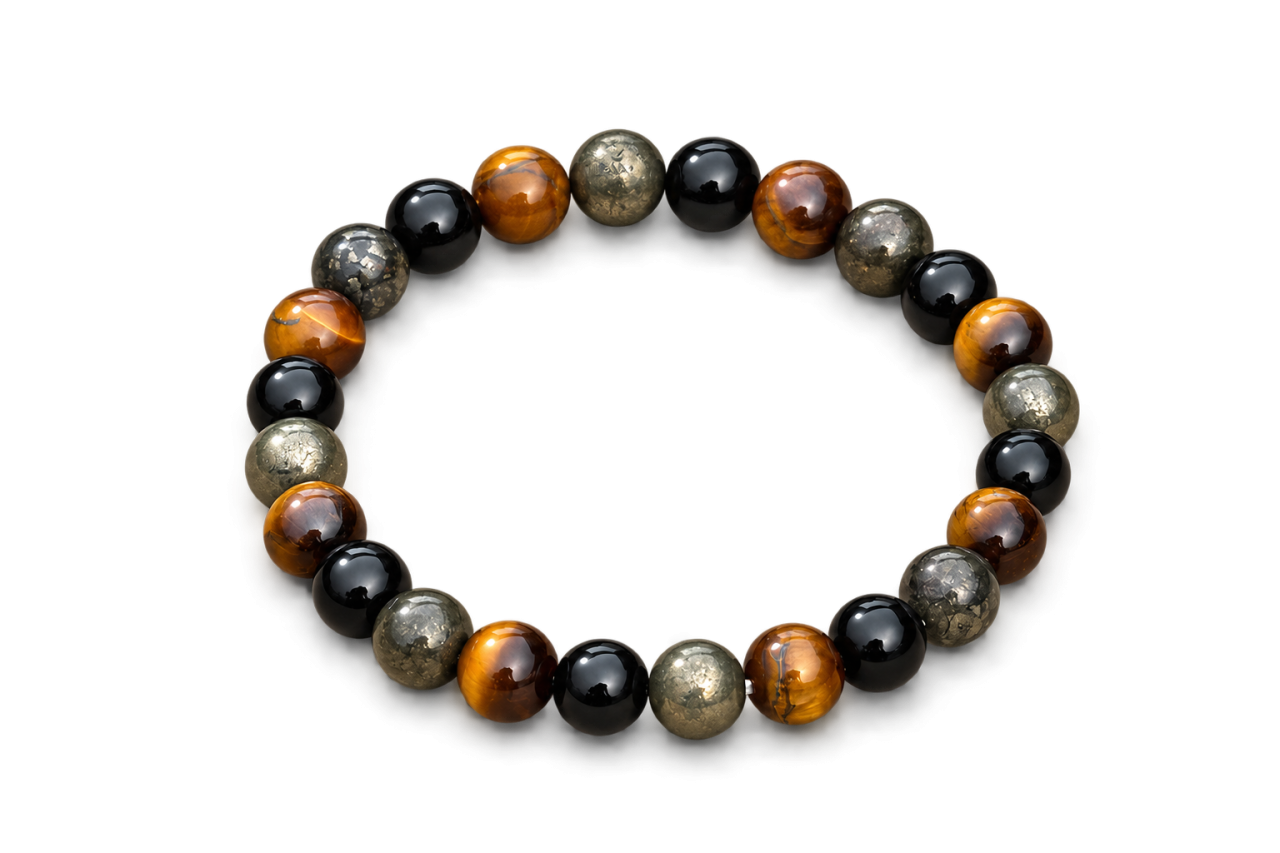 Tiger Eye, Black Obsidian & Pyrite Gemstone Bead Bracelet