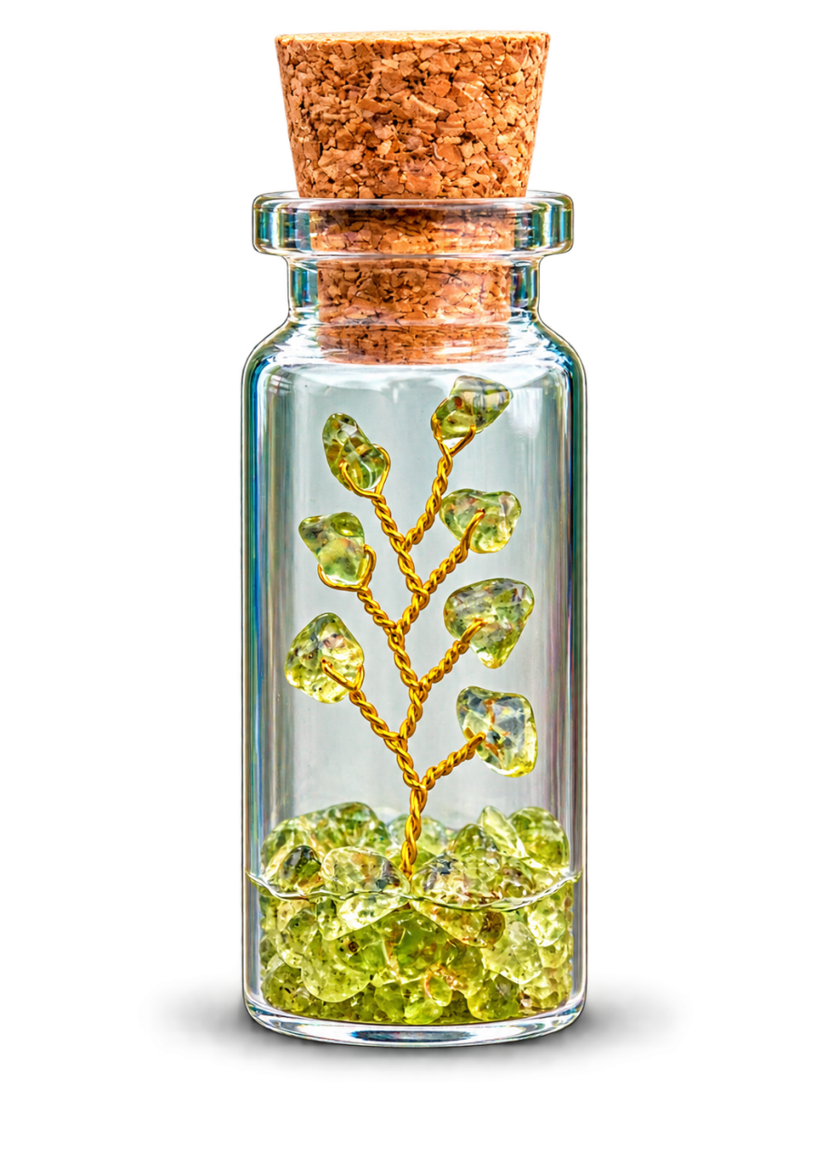 Mini Peridot Gemstone Tree in Glass Bottle with Cork Lid