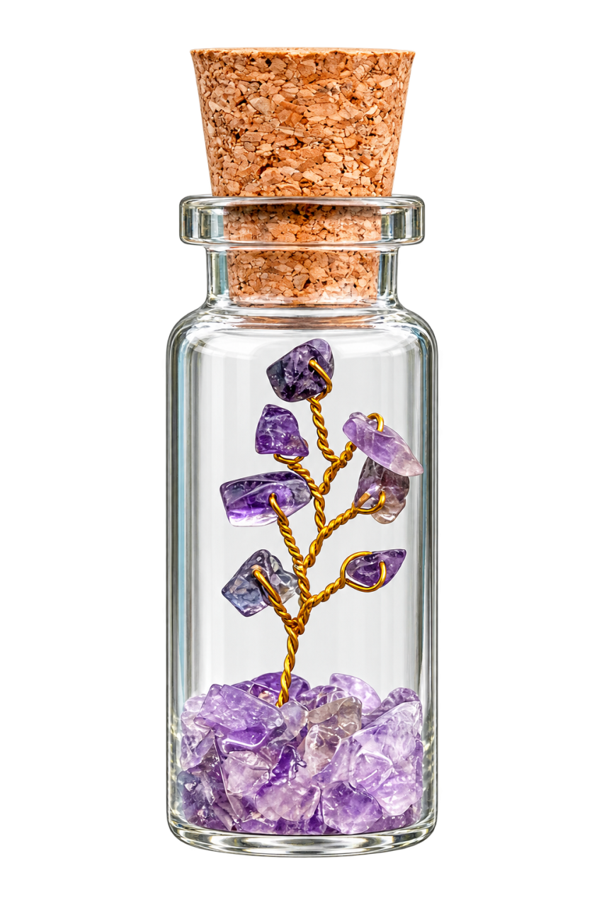 Mini Amethyst Gemstone Tree in Glass Bottle with Cork Lid