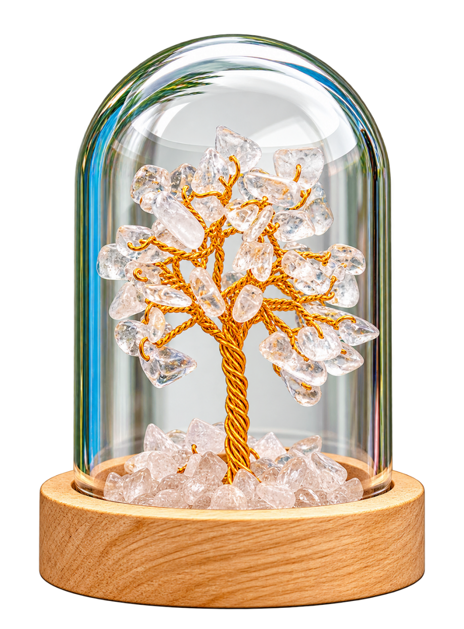 Clear Quartz Gemstone Tree in Glass Dome