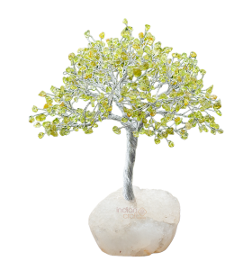Peridot Gemstone Tree with Silver Wire on White Quartz Base