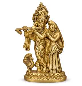Brass Radha Krishna Statue with Peacock Motif